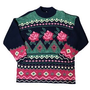 Vintage 80s Cozy Pink Rose Floral Print Adele Knit Grandma Sweater Cottage Core
